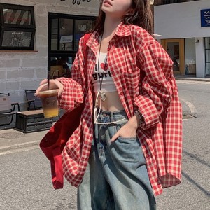 <b>살안타템 오버핏 레드 체크 남방 셔츠</b>