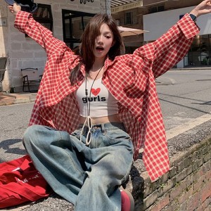 <b>살안타템 오버핏 레드 체크 남방 셔츠</b>