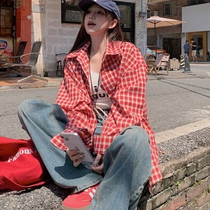 <b>살안타템 오버핏 레드 체크 남방 셔츠</b>