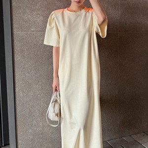 <b>체형커버 어깨패드 벌룬 포켓 뒷트임 롱 원피스</b>